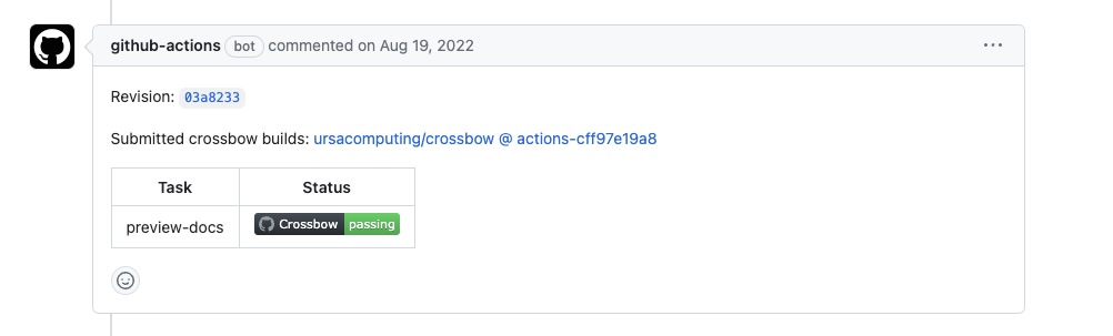 GitHub Actions response with the crossbow build status.