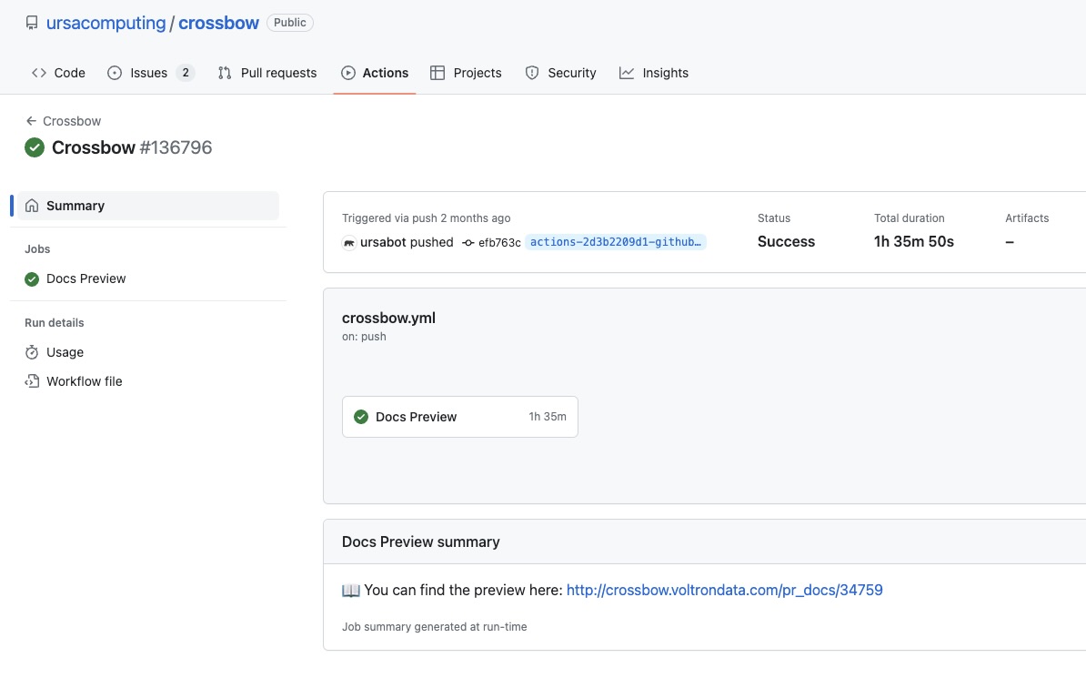 Crossbow workflow page with the Docs Preview summary section.
