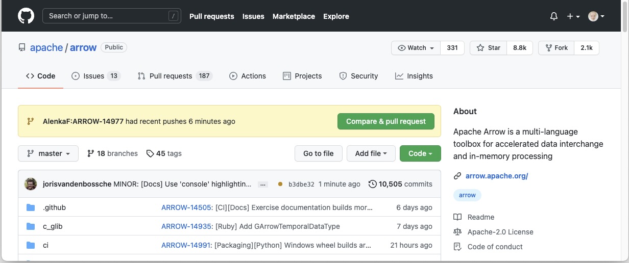 GitHub page of the Apache Arrow repository showing a notice bar indicating change has been made in our branch and a Pull Request can be created.